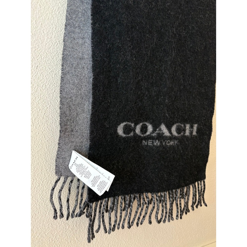 Coach Signature Bi-Color Logo Scarf Wool Cashmere Blend Black Grey Fringe 76053 - Picture 9 of 9